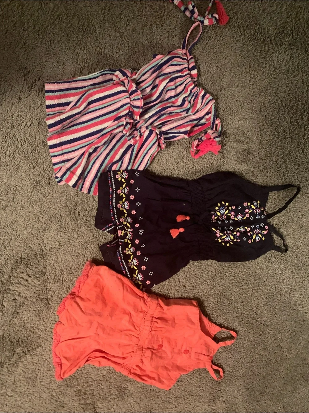 Girls 3-Pack Summer Romper Set - Striped, Navy Embroidered, Coral